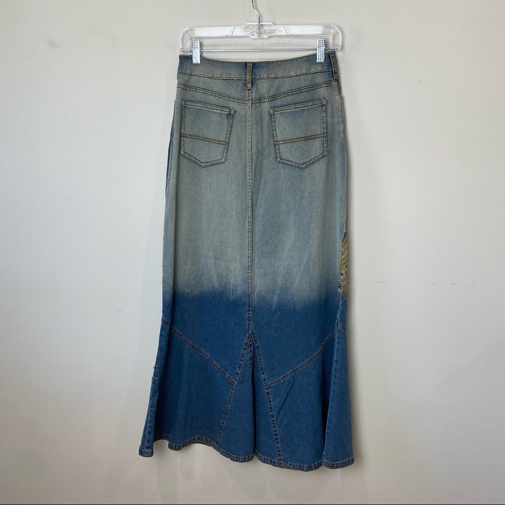 Double D Ranch denim skirt pained floral gold maxi studded. Waist 28. Length 37 - Picture 2 of 9